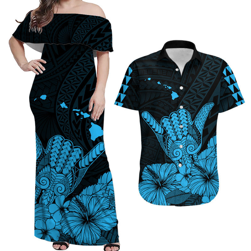 Matching Hawaiian Outfits For Couples Hawaii Shaka Sign Couple Long Dress and Hawaiian Shirt Blue Version