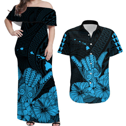 Matching Hawaiian Outfits For Couples Hawaii Shaka Sign Couple Long Dress and Hawaiian Shirt Blue Version