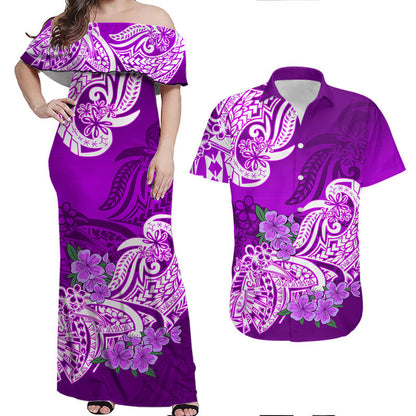 Matching Outfits For Couples Polynesian Floral Tribal Couples Long Dress and Hawaiian Shirt Purple
