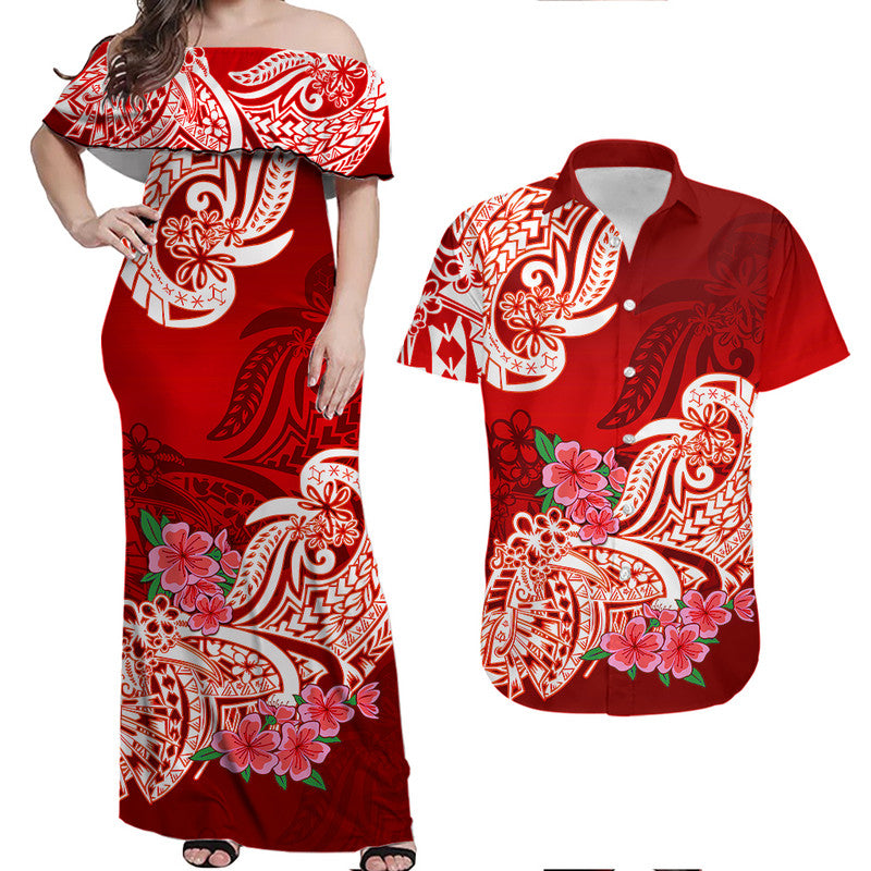 Matching Outfits For Couples Polynesian Floral Tribal Couples Long Dress and Hawaiian Shirt Red