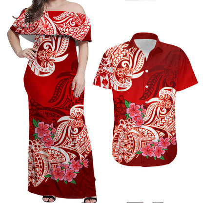 Matching Outfits For Couples Polynesian Floral Tribal Couples Long Dress and Hawaiian Shirt Red