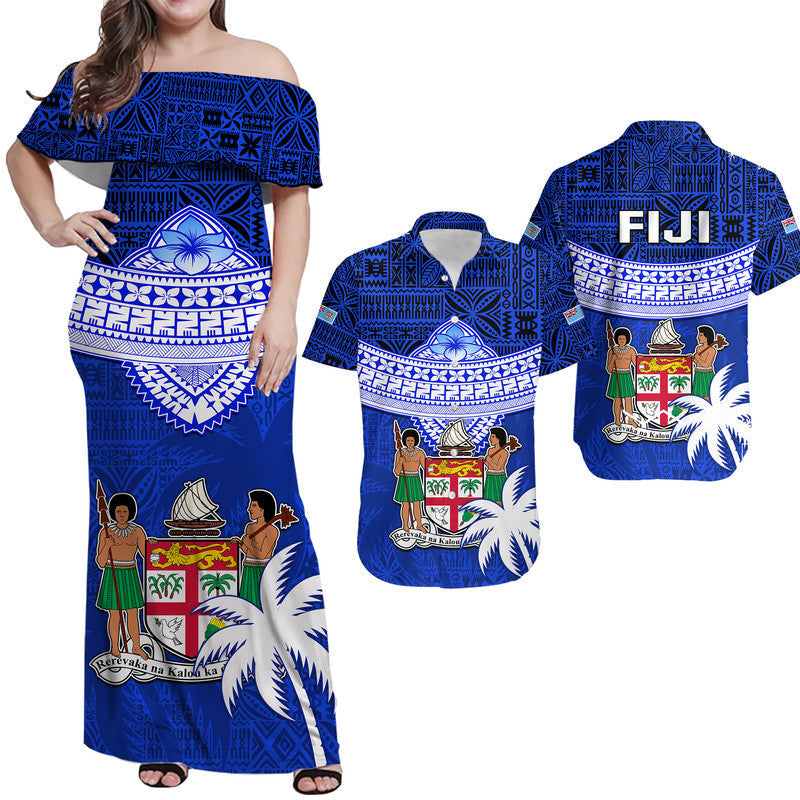 Matching Clothes For Couples Fiji Coat Of Arms Combo Dress and Shirt Polynesian Tapa Palm Tree