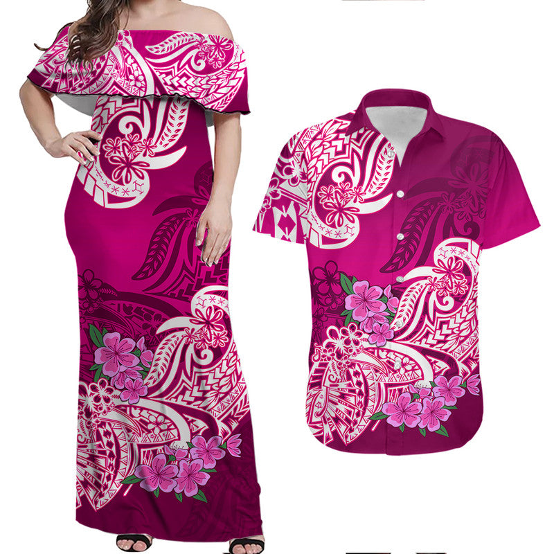 Matching Hawaiian Outfits For Couples Polynesian Floral Tribal Couples Long Dress and Hawaiian Shirt Pink