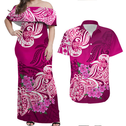 Matching Hawaiian Outfits For Couples Polynesian Floral Tribal Couples Long Dress and Hawaiian Shirt Pink