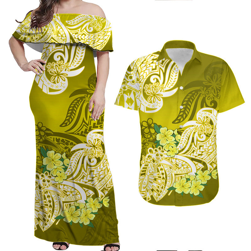 Matching Clothes For Couples Polynesian Floral Tribal Couples Long Dress and Hawaiian Shirt Yellow
