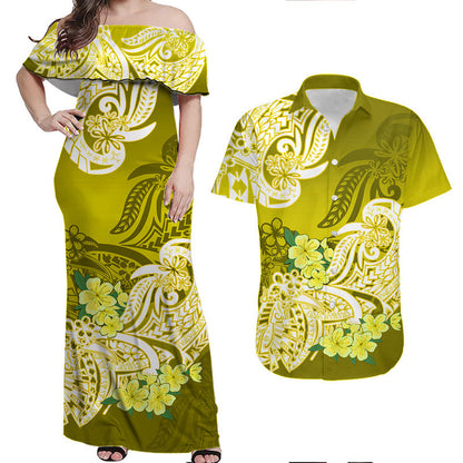 Matching Clothes For Couples Polynesian Floral Tribal Couples Long Dress and Hawaiian Shirt Yellow