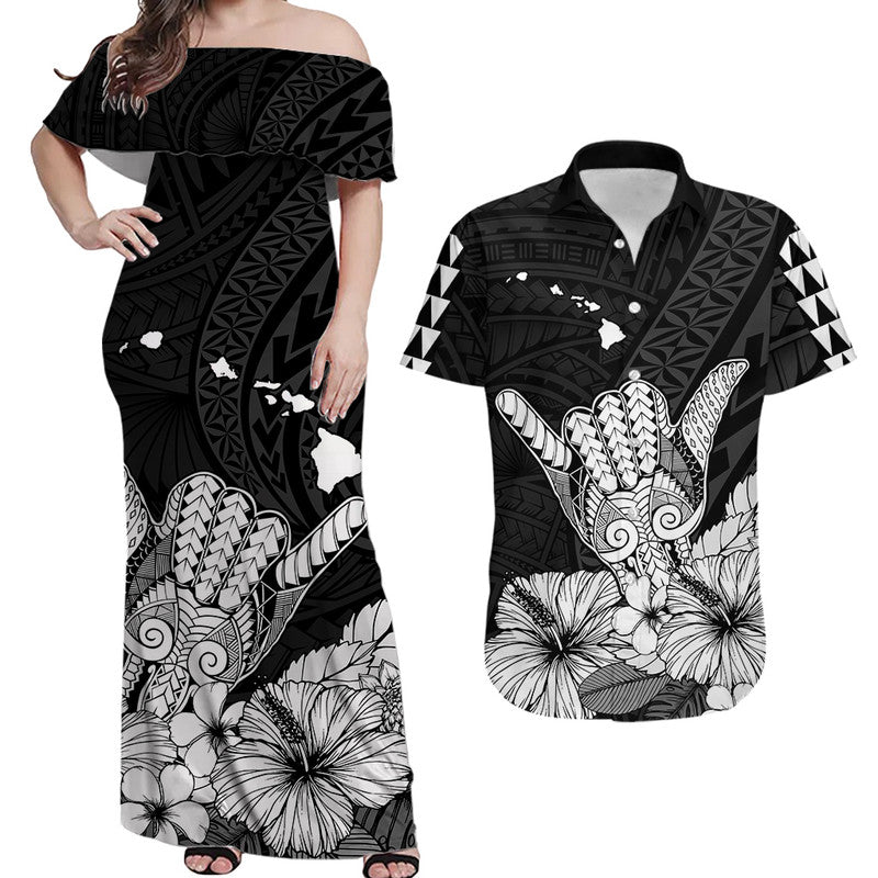 Hawaiian Matching Outfits For Couples Hawaii Shaka Sign Couple Long Dress and Hawaiian Shirt Black Version