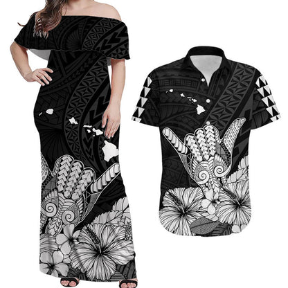 Hawaiian Matching Outfits For Couples Hawaii Shaka Sign Couple Long Dress and Hawaiian Shirt Black Version