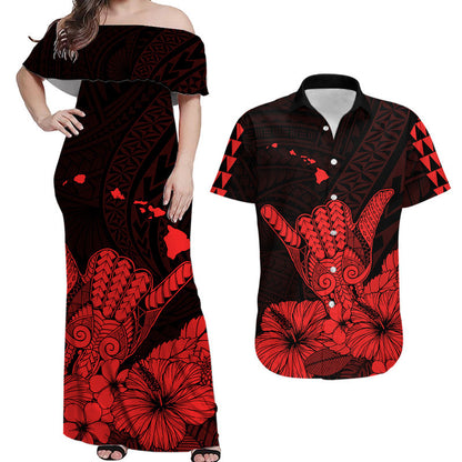 Polynesian Couple Outfits Hawaii Shaka Sign Couple Long Dress and Hawaiian Shirt Red Version