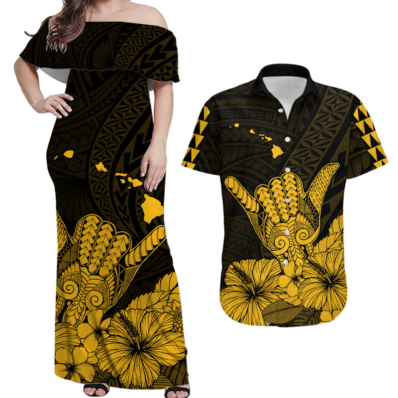 Hawaii Matching Clothes For Couples Hawaii Shaka Sign Couple Long Dress and Hawaiian Shirt Gold Version