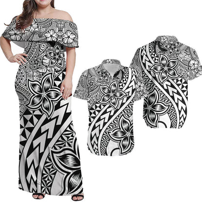 Hawaii Matching Outfits For Couples Traditional Polynesian Tribal Tattoo Retro Combo Dress and Shirt Black