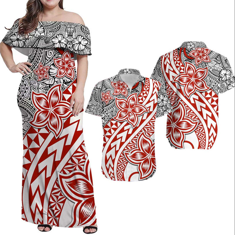 Polynesian Couple Outfits Traditional Polynesian Tribal Tattoo Retro Combo Dress and Shirt Red