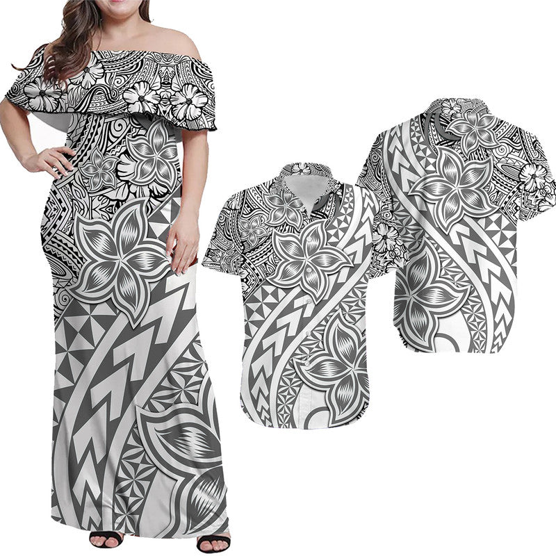 Hawaiian Matching Outfits For Couples Traditional Polynesian Tribal Tattoo Retro Combo Dress and Shirt Grey