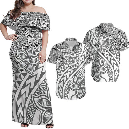 Hawaiian Matching Outfits For Couples Traditional Polynesian Tribal Tattoo Retro Combo Dress and Shirt Grey