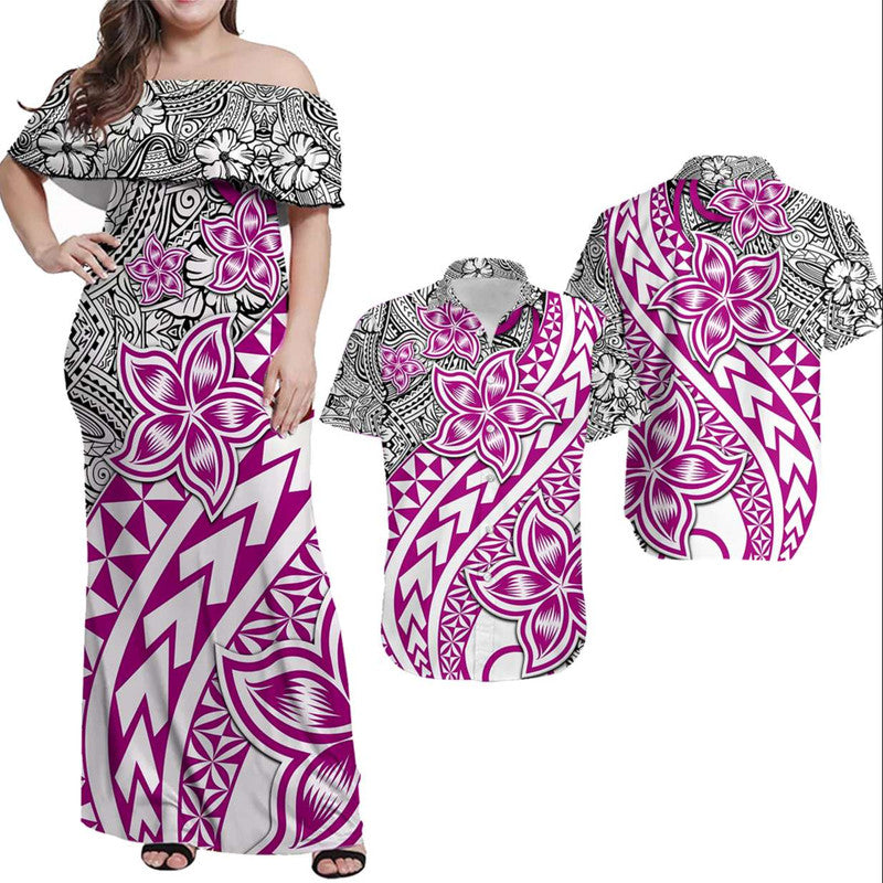 Hawaiian Matching Outfits For Couples Traditional Polynesian Tribal Tattoo Retro Combo Dress and Shirt Pink