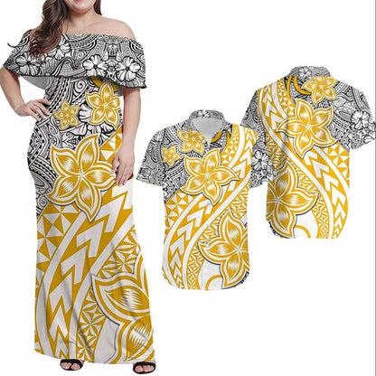 Matching Outfits For Couples Traditional Polynesian Tribal Tattoo Retro Combo Dress and Shirt Yellow