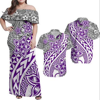Hawaiian Matching Outfits For Couples Traditional Polynesian Tribal Tattoo Retro Combo Dress and Shirt Purple