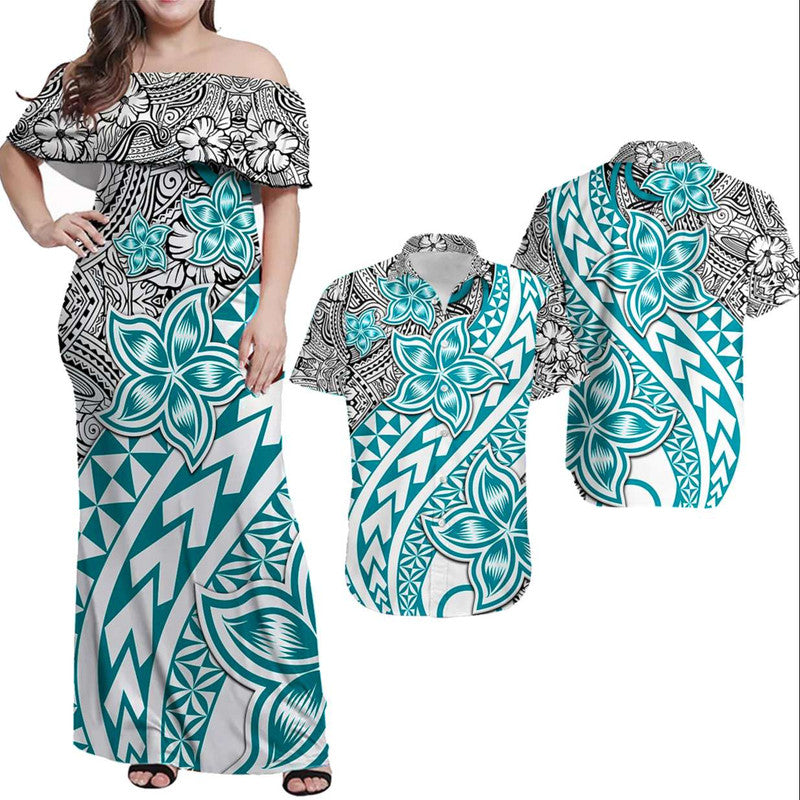 Matching Outfits For Couples Traditional Polynesian Tribal Tattoo Retro Combo Dress and Shirt Turquoise