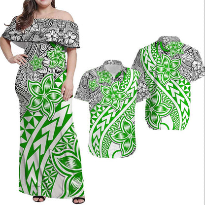 Hawaiian Matching Outfits For Couples Traditional Polynesian Tribal Tattoo Retro Combo Dress and Shirt Green