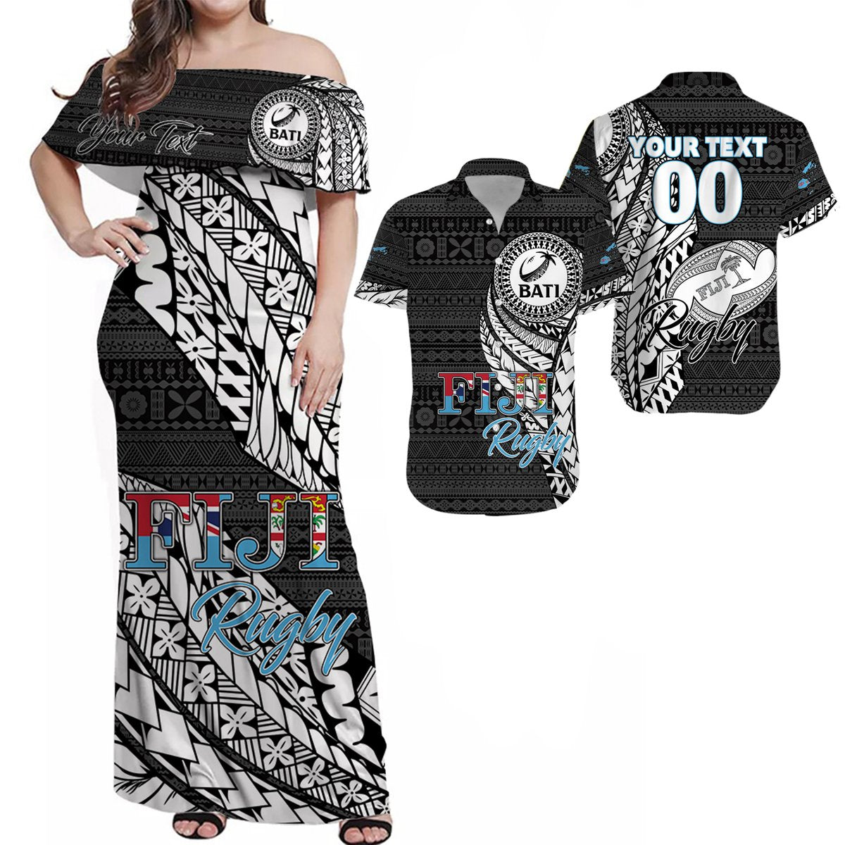(Custom Personalised) Fiji Matching Outfit For Couple Rugby Bati Tapa Pattern Combo Dress And Hawaiian Shirt