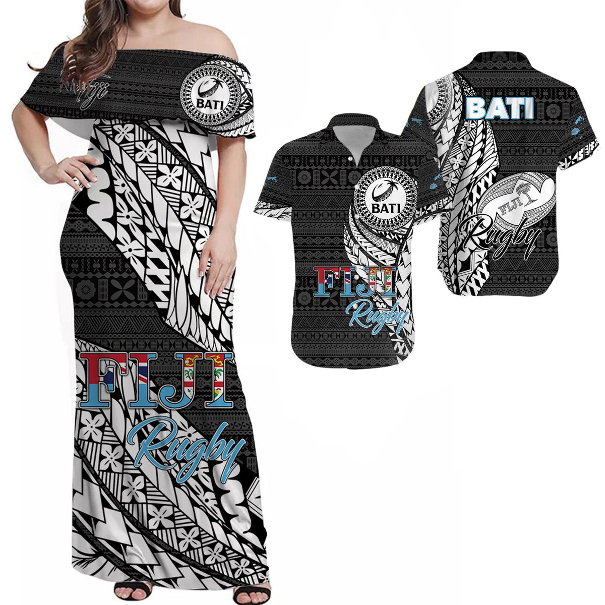 Matching Clothes For Couples Fiji Rugby Bati Tapa Pattern Combo Dress And Hawaiian Shirt