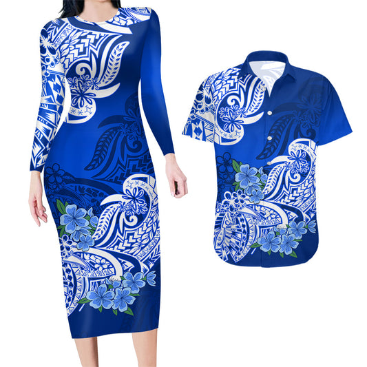 Polynesian Matching Outfit For Couples Floral Tribal Blue Style Bodycon Dress And Hawaii Shirt