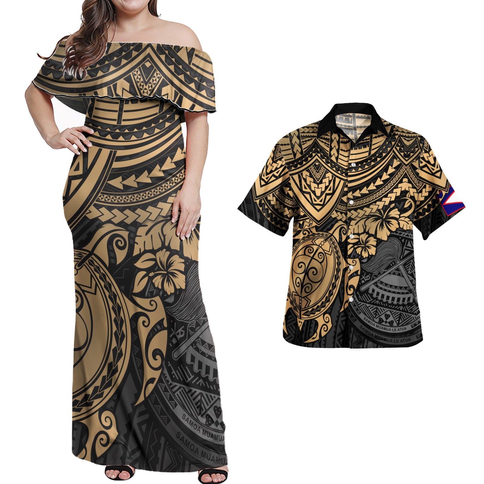 Matching Clothes For Couples American Samoa Combo Dress And Hawaiian Shirt Polynesian Gold Turtle