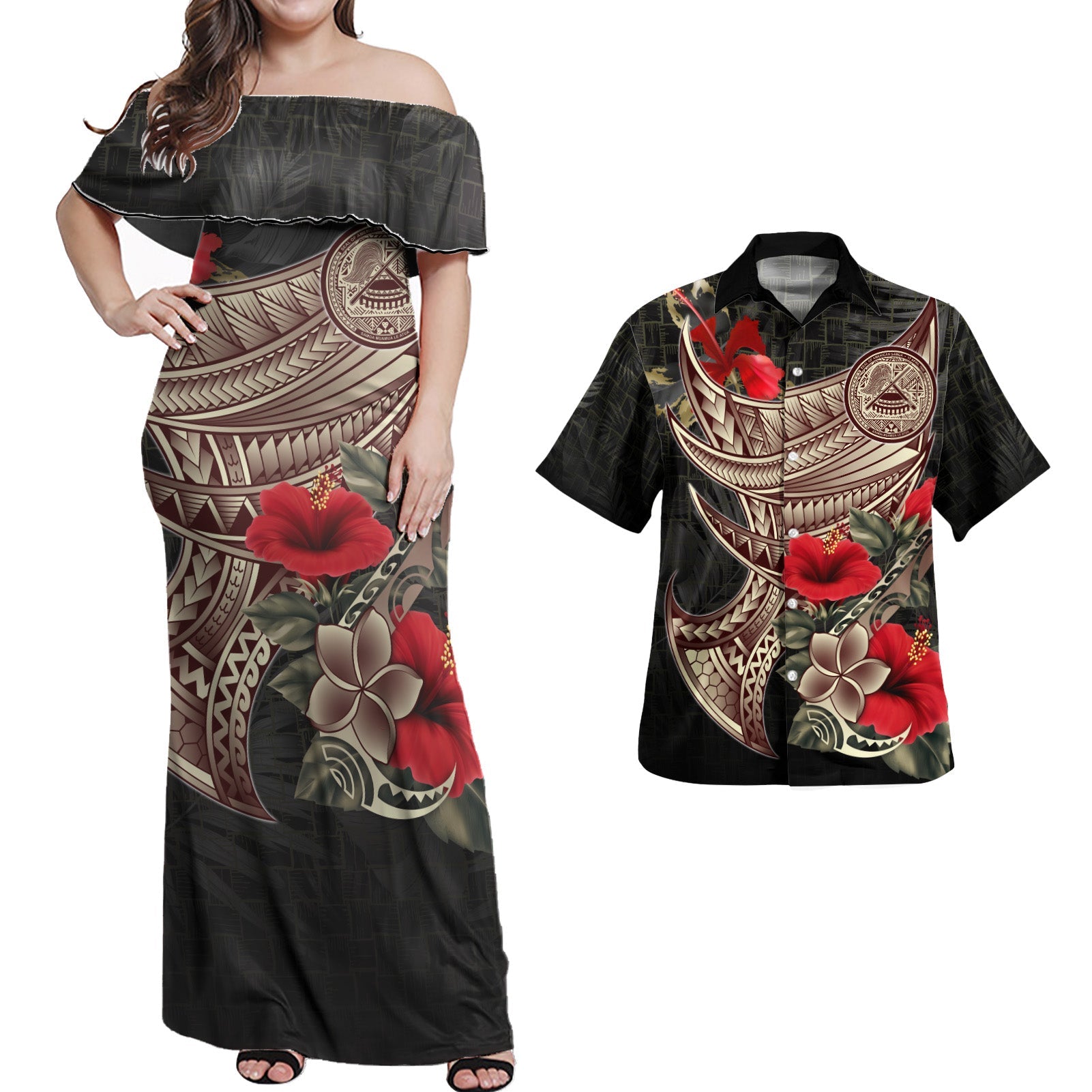Matching Outfits For Couples American Samoa Combo Dress And Hawaiian Shirt Polynesian Vintage Style