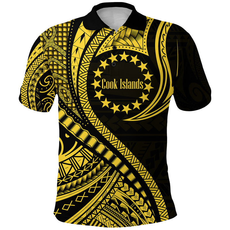 Custom Personalised Cook Islands Polo Shirt Gold Polynesian Wave Style