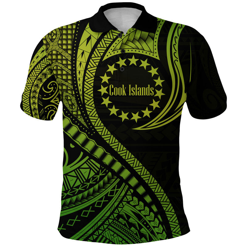 Cook Islands Polo Shirt Green Polynesian Wave Style