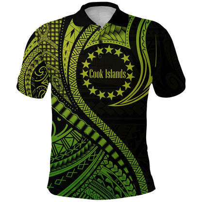 Cook Islands Polo Shirt Green Polynesian Wave Style