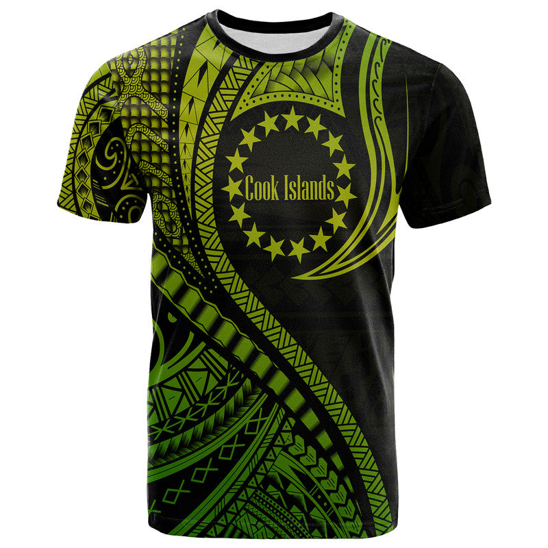 (Custom Personalised) Cook Islands T Shirt Green Polynesian Wave Style