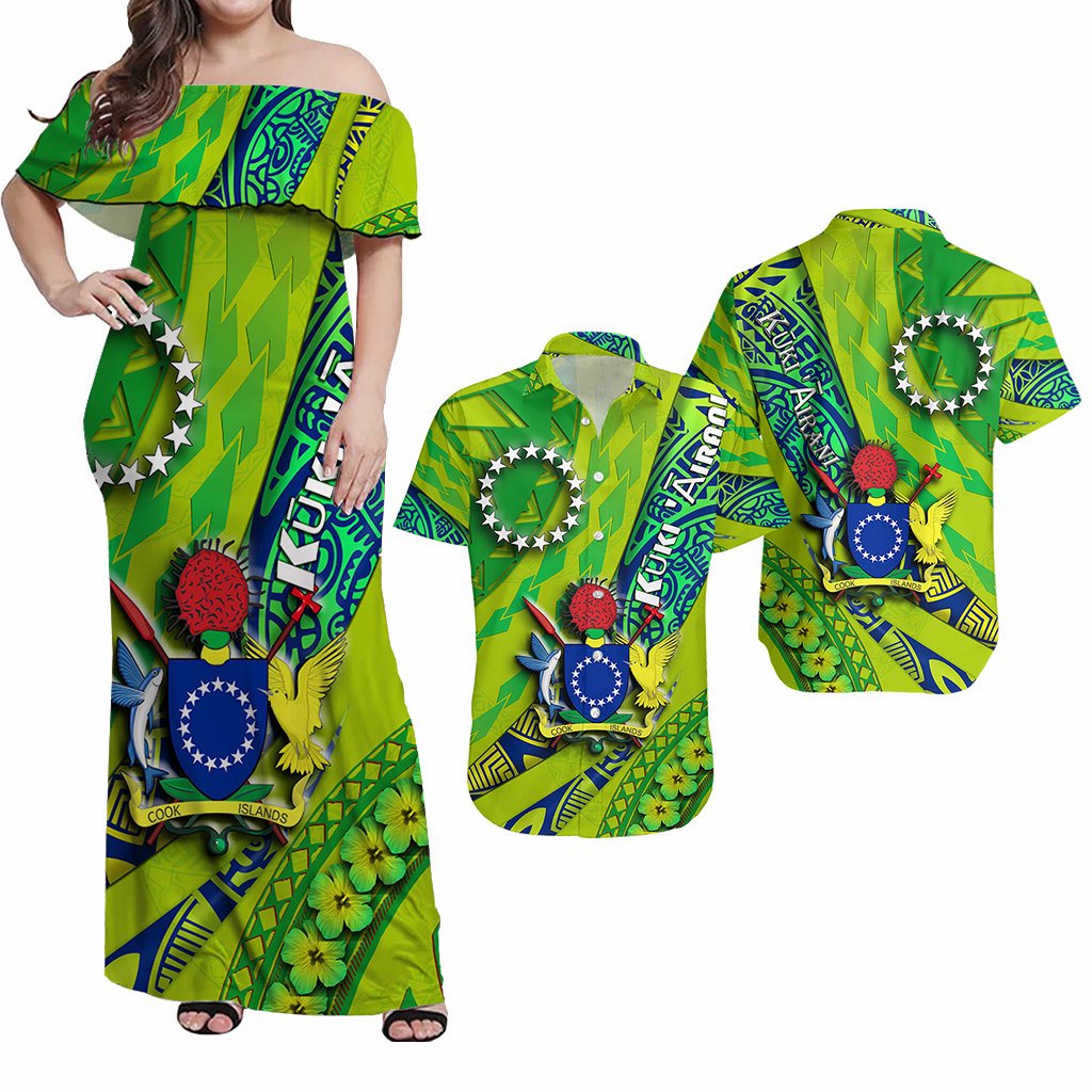 Matching Outfits For Couples Combo Cook Islands Dress and Hawaiian Shirt Green