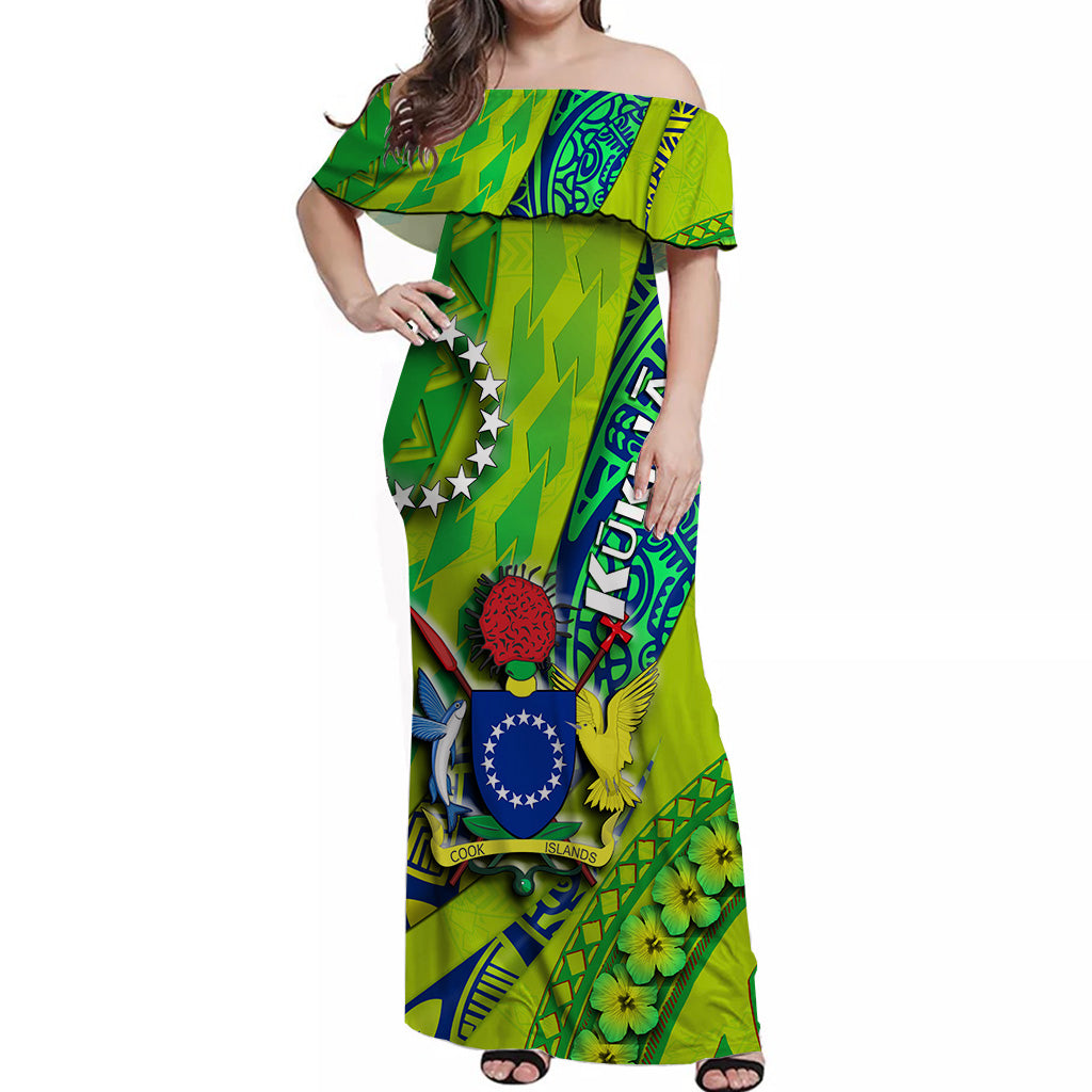 Cook Islands Women Off Shoulder Long Dress Artsy Style Green