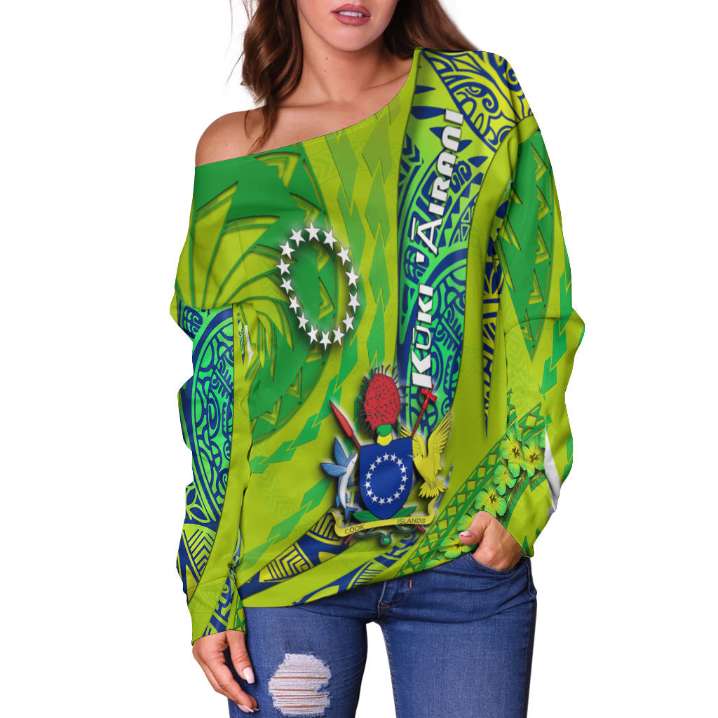Cook Islands Women Off Shoulder Sweater Artsy Style Green