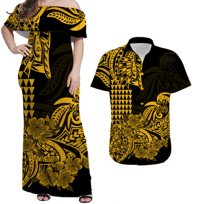 Hawaii Matching Clothes For Couples Hawaii Kakau Couple Women Off Shoulder Long Dress and Hawaiian Shirt Polynesian Floral Tribal Gold Version