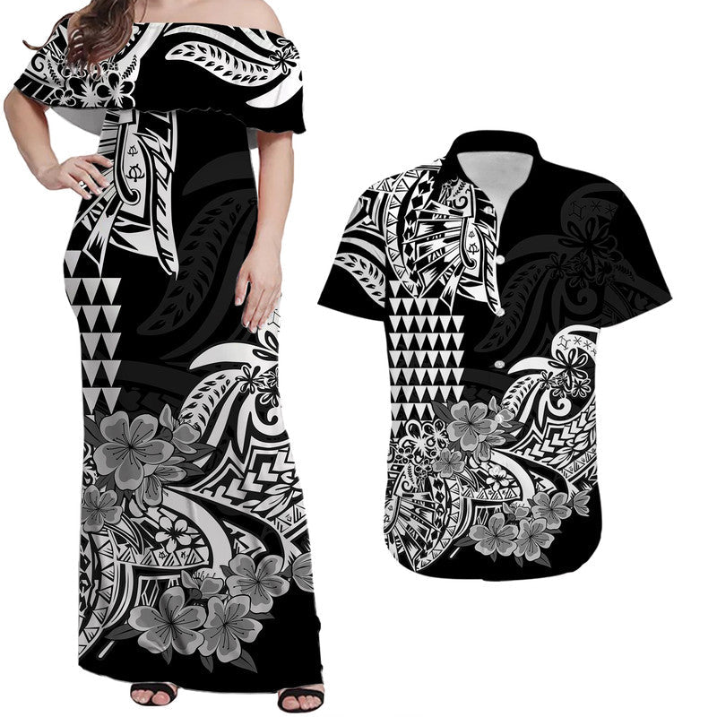 Matching Hawaiian Outfits For Couples Hawaii Kakau Couple Women Off Shoulder Long Dress and Hawaiian Shirt Polynesian Floral Tribal Black Version