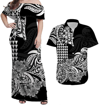 Matching Hawaiian Outfits For Couples Hawaii Kakau Couple Women Off Shoulder Long Dress and Hawaiian Shirt Polynesian Floral Tribal Black Version