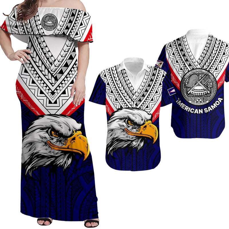 Matching Outfits For Couples American Samoa Couples Long Dress and Hawaiian Shirt Bald Eagle with Polynesian Pattern