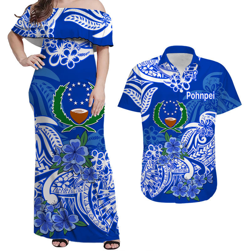 Matching Outfits For Couples FSM Pohnpei State Couple Women Off Shoulder Long Dress and Hawaiian Shirt Polynesian Floral Tribal