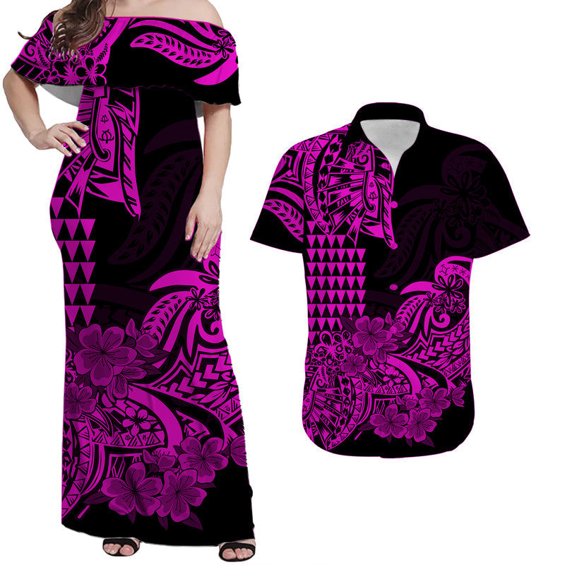 Hawaiian Matching Outfits For Couples Hawaii Kakau Couple Women Off Shoulder Long Dress and Hawaiian Shirt Polynesian Floral Tribal Purple Version