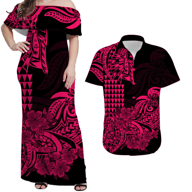 Hawaiian Matching Outfits For Couples Hawaii Kakau Couple Women Off Shoulder Long Dress and Hawaiian Shirt Polynesian Floral Tribal Pink Version