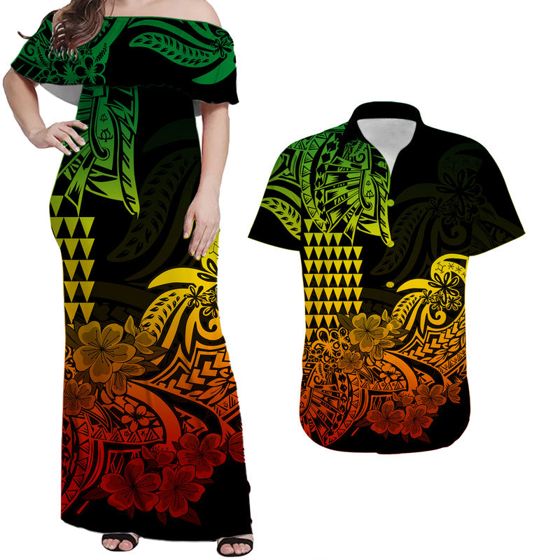 Hawaii Matching Clothes For Couples Hawaii Kakau Couple Women Off Shoulder Long Dress and Hawaiian Shirt Polynesian Floral Tribal Reggae Version