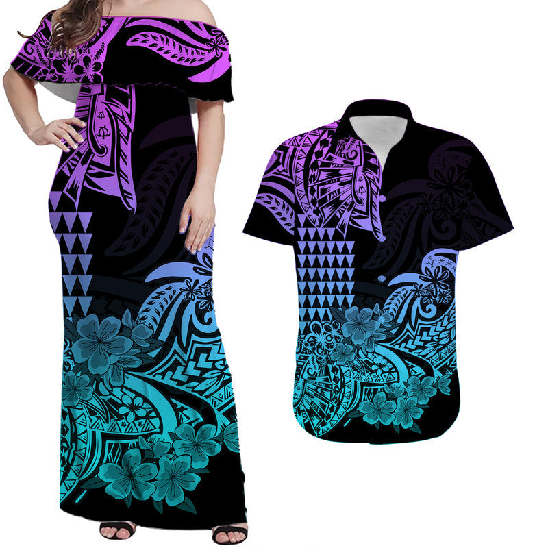 Hawaiian Matching Outfits For Couples Hawaii Kakau Couple Women Off Shoulder Long Dress and Shirt Polynesian Floral Tribal Heliotrope Version