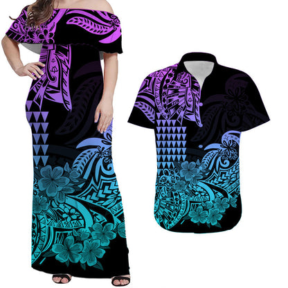Hawaiian Matching Outfits For Couples Hawaii Kakau Couple Women Off Shoulder Long Dress and Shirt Polynesian Floral Tribal Heliotrope Version