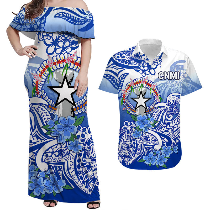 Matching Clothes For Couples Northern Mariana Islands Couple Women Off Shoulder Long Dress and Hawaiian Shirt Polynesian Floral Tribal