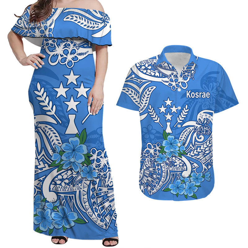 Matching Outfits For Couples FSM Kosrae State Couple Women Off Shoulder Long Dress and Hawaiian Shirt Polynesian Floral Tribal