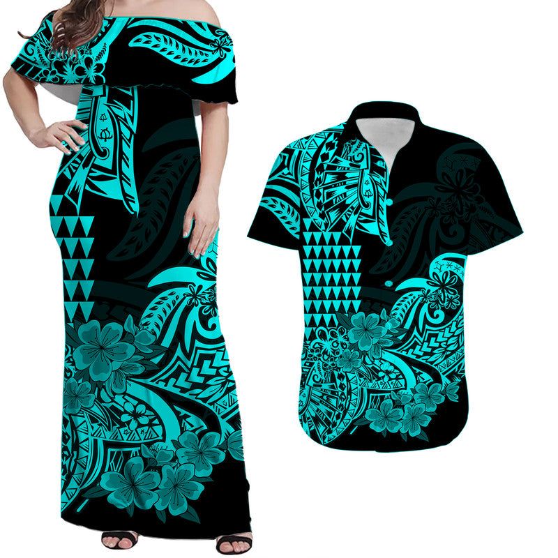 Hawaiian Matching Outfits For Couples Hawaii Kakau Couple Women Off Shoulder Long Dress and Hawaiian Shirt Polynesian Floral Tribal Aqua Version