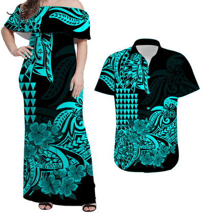 Hawaiian Matching Outfits For Couples Hawaii Kakau Couple Women Off Shoulder Long Dress and Hawaiian Shirt Polynesian Floral Tribal Aqua Version