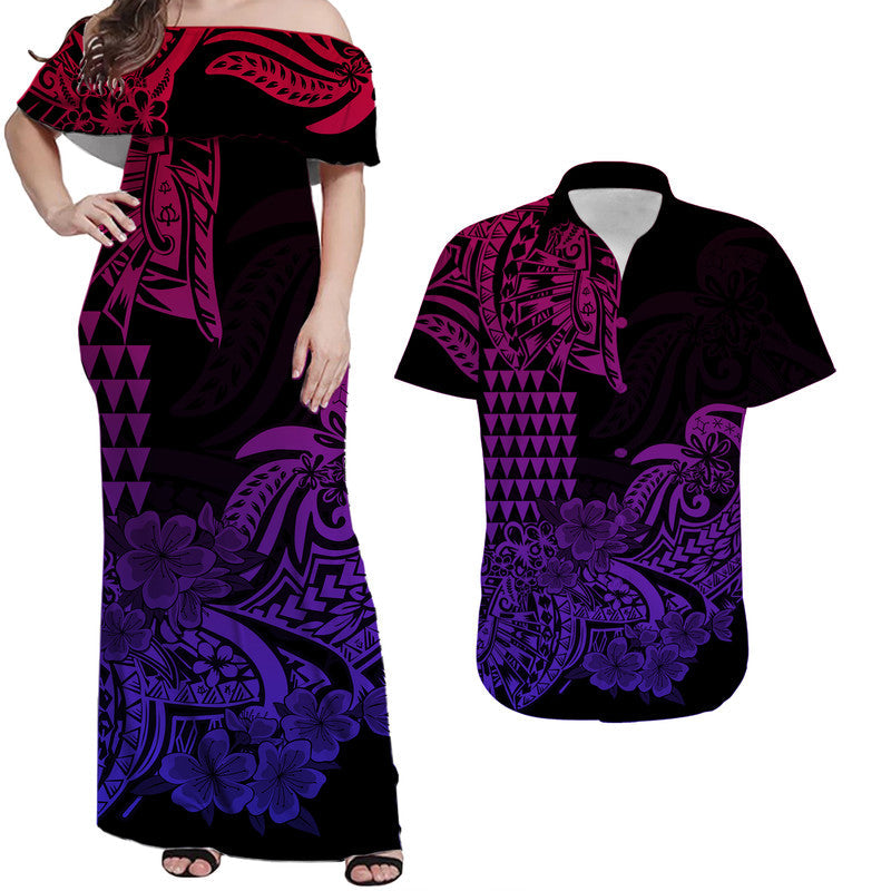Hawaii Matching Clothes For Couples Hawaii Kakau Couple Women Off Shoulder Long Dress and Hawaiian Shirt Polynesian Floral Tribal Gradient Version
